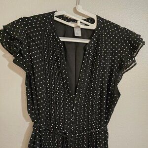 H&M B/W Tiny Polka Dot Tie Midi Blouson Dress Sheer with full Lining Size 8